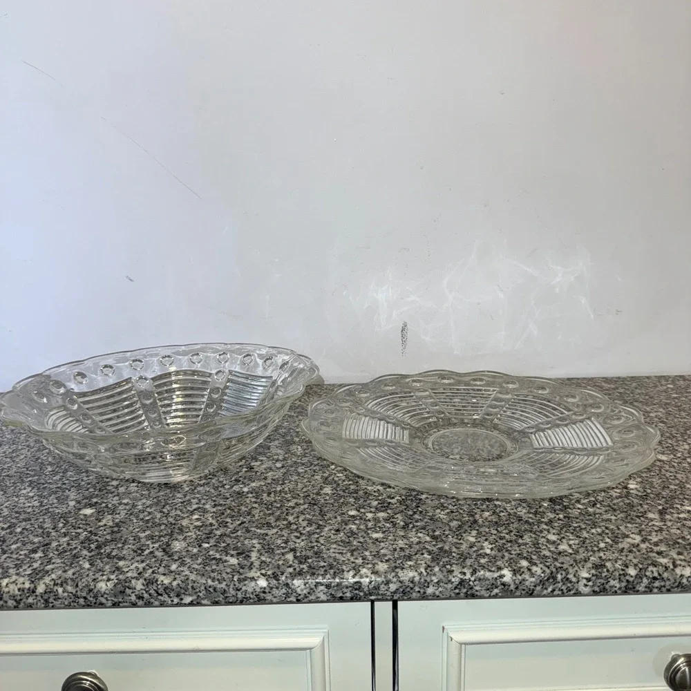 Vintage Serving Bowl and Platter Set Clear Pressed Glass Scalloped Edge